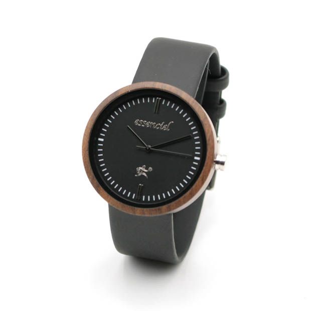 Wooden watch man and black leather - Tom